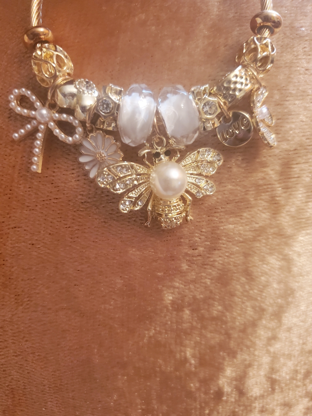 Gold Bee Charm Statement Adjustable Bracelet with Pearl Accents